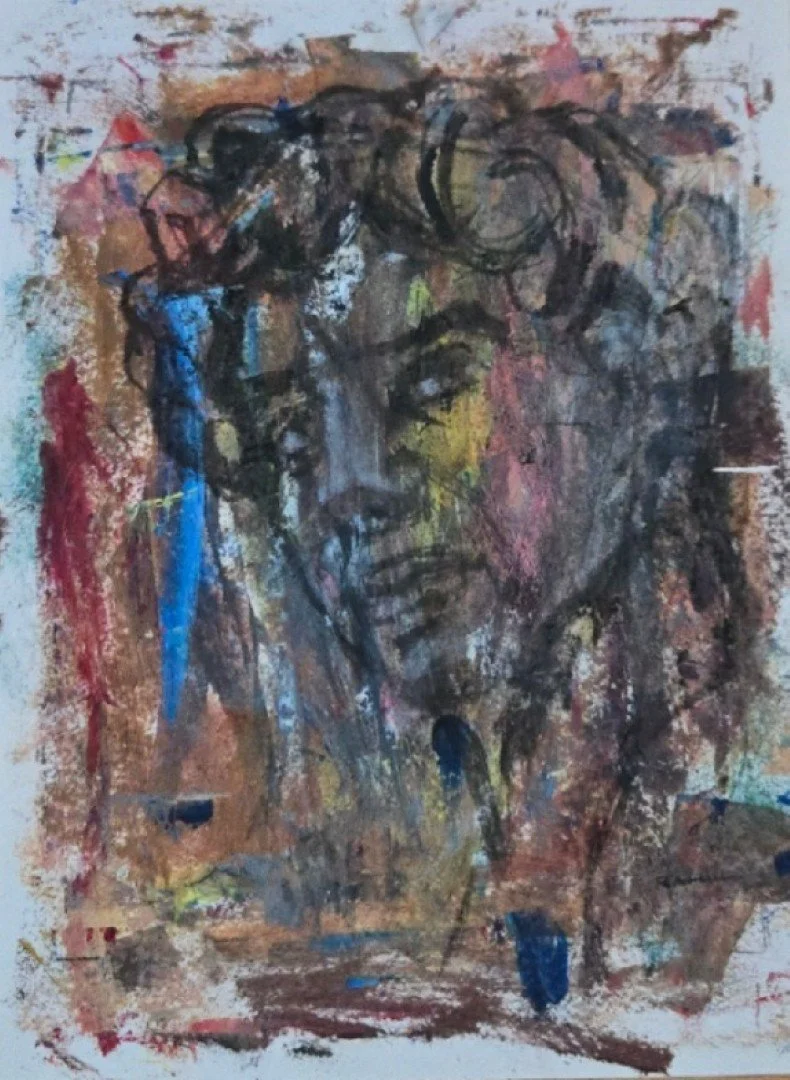 Abstract portrait with sketchy black lines forming a face with glasses, surrounded by splashes of earthy tones like brown, ochre, red, and scattered bright colors such as blue and yellow.
