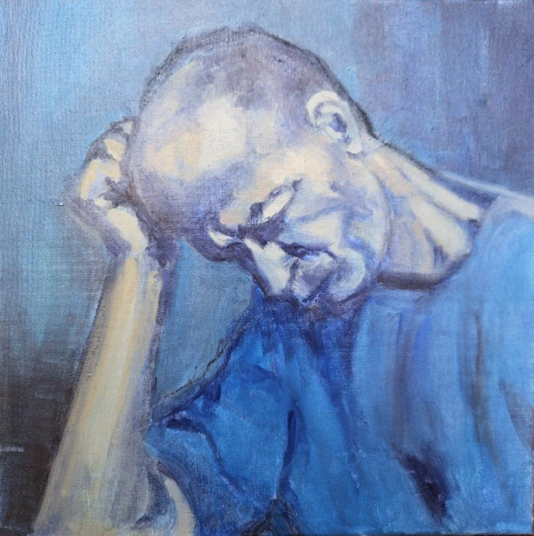 A painting of a man with a bald head, resting his head on his hand, wearing a blue shirt.