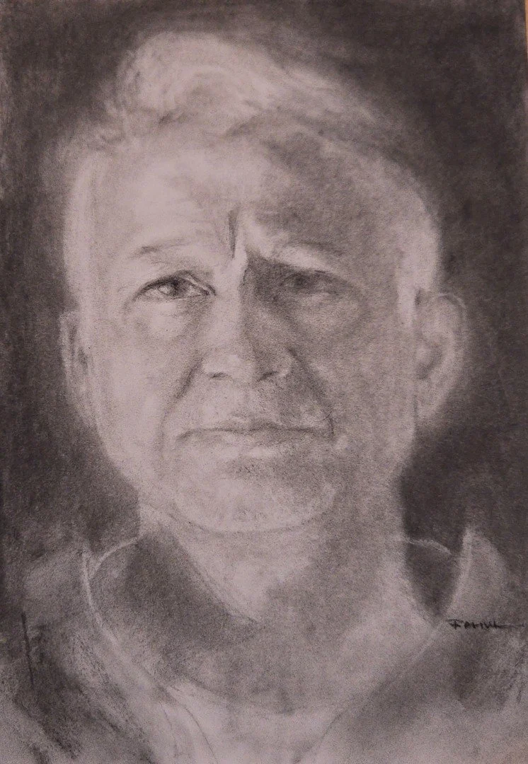 A charcoal drawing of an elderly man with a furrowed brow, looking upward with a serious expression.