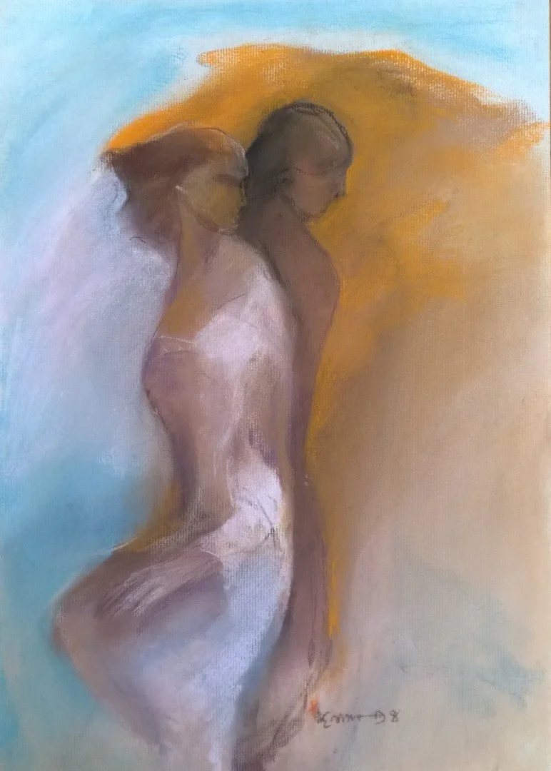 An abstract painting of two women standing close together with their backs turned, rendered in soft pastel colors with a yellow and blue background.