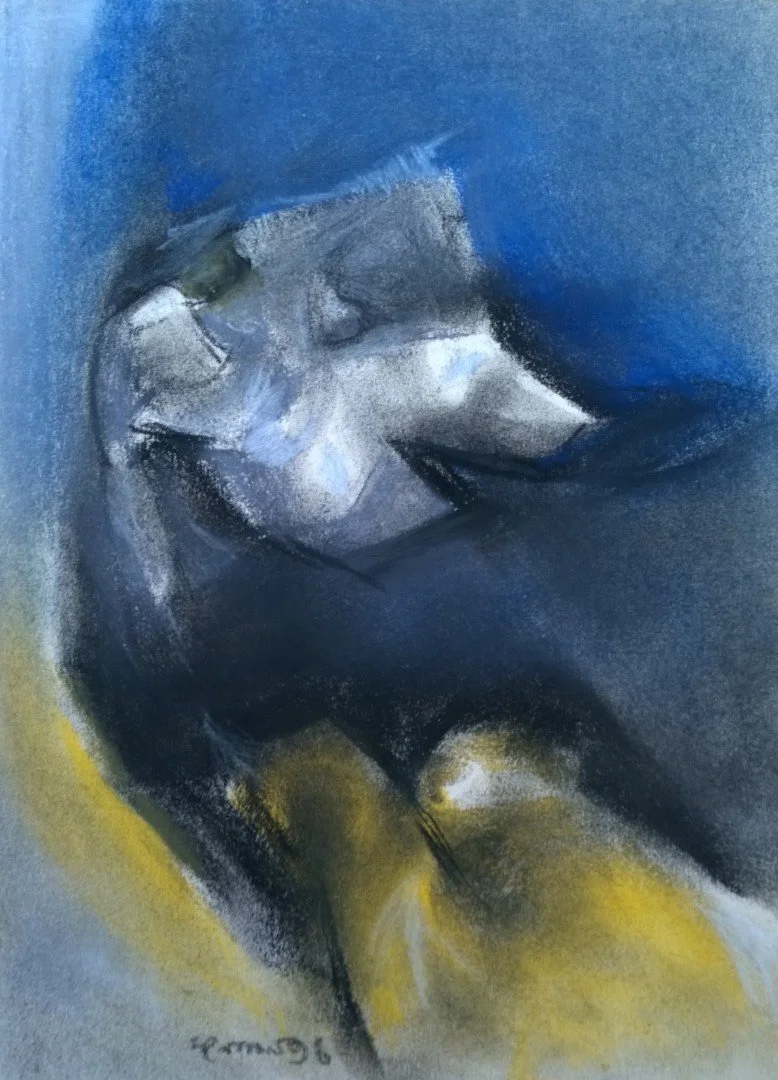 Abstract pastel artwork depicting a person with short dark hair, wearing a yellow garment, against a background blending blue, gray, and white tones.