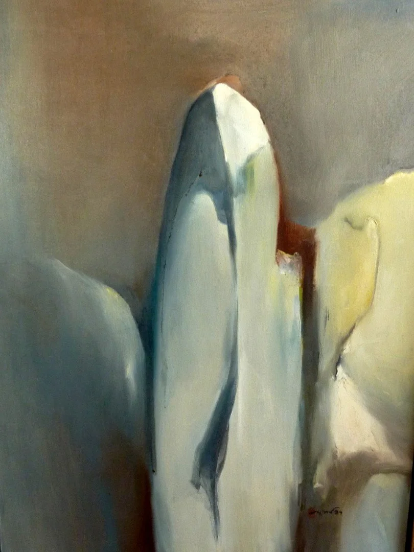 Abstract painting of a bird with a white body, dark beak, and hint of blue around the wings, set against muted background colors.