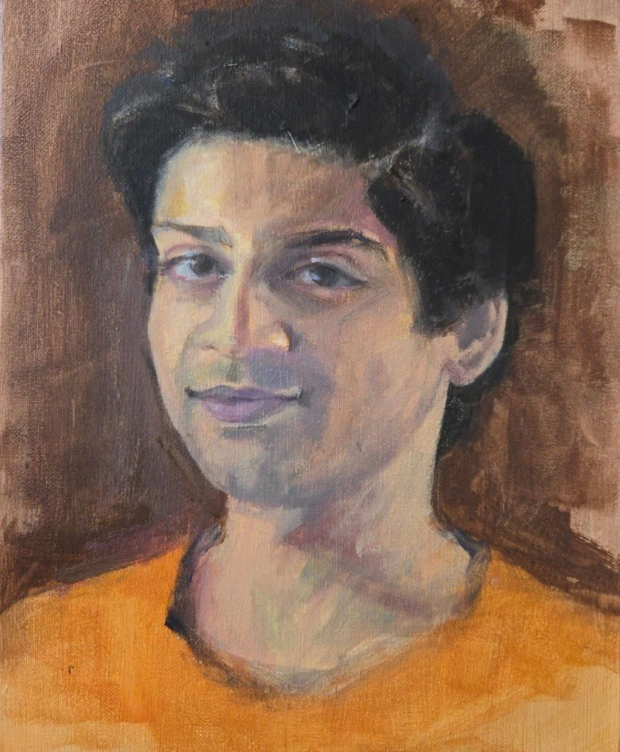 A portrait painting of a woman with short black hair, wearing an orange top, against a brown background.