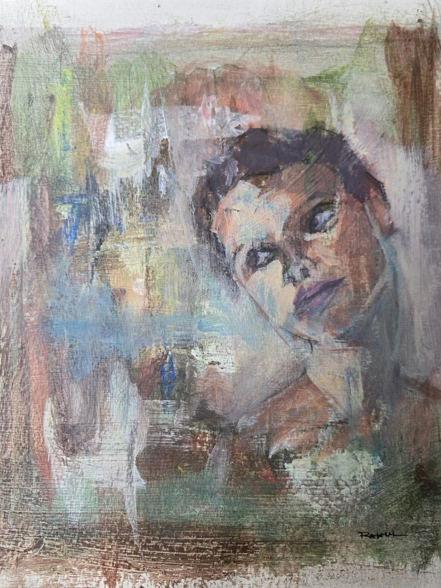 Abstract painting of a woman's face with expressive brushstrokes and soft pastel colors.