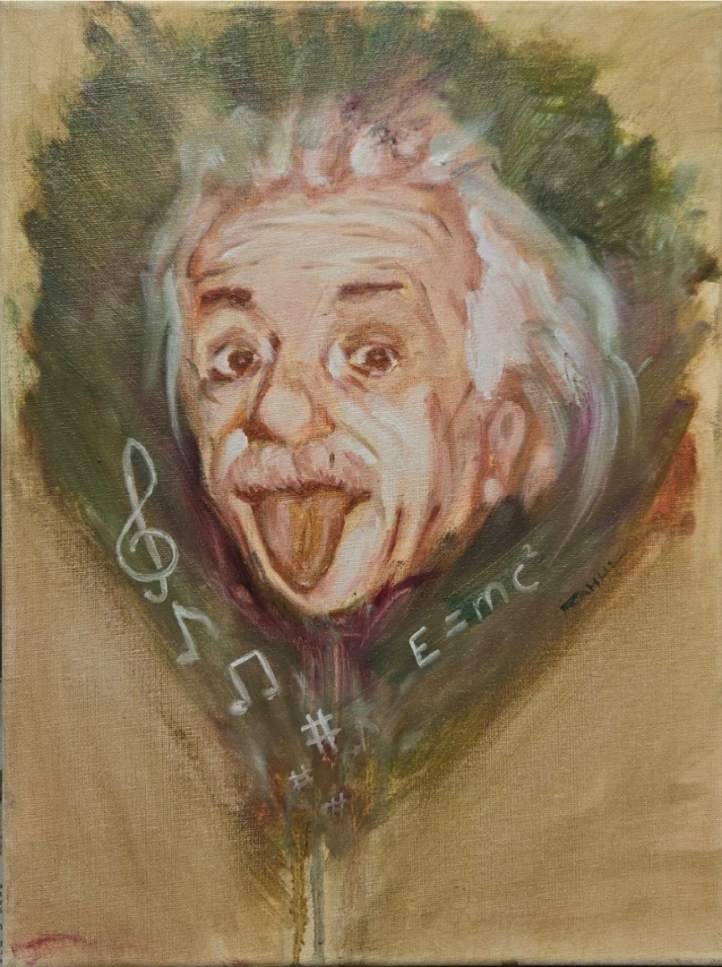 A painting of Albert Einstein with his tongue sticking out, surrounded by musical notes and scientific symbols such as E=mc^2, set against a neutral background.