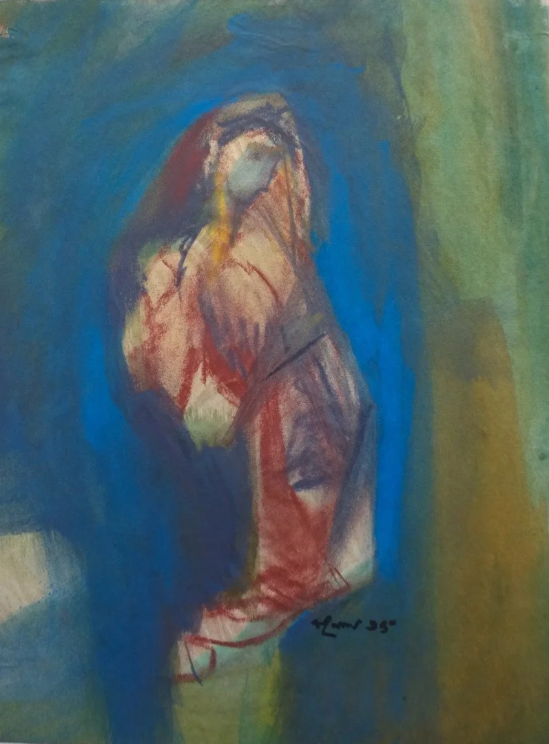 Abstract watercolor painting of a person, with red, blue, green, and yellow brushstrokes, signed in the bottom right corner.