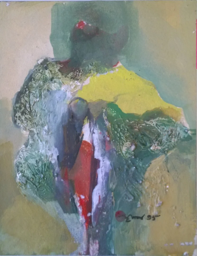 Abstract painting of a woman with a dark face, red lips, and a headdress, wearing a yellow top and holding green foliage against a muted background. Signed 'Omar 95'.