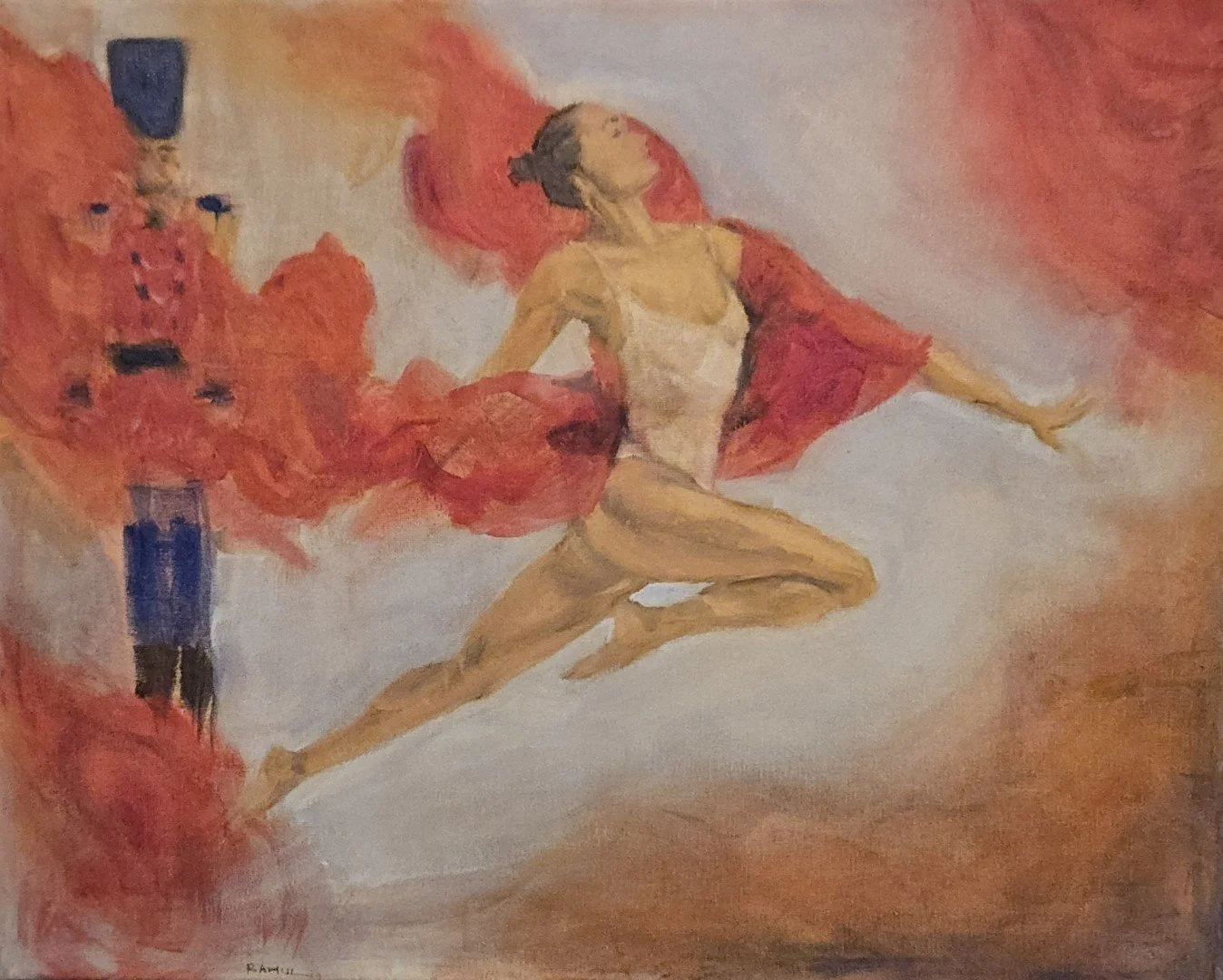 A painting of a woman with dark hair tied in a bun, wearing a white top and light-colored shorts, performing a dance move with one arm extended and one leg bent. A man in a military uniform with a tall hat and red coat stands in the background.