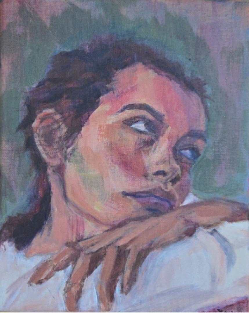 A painting of a woman with dark hair styled in loose curls, resting her chin on her hand, with a thoughtful expression and a muted green background.