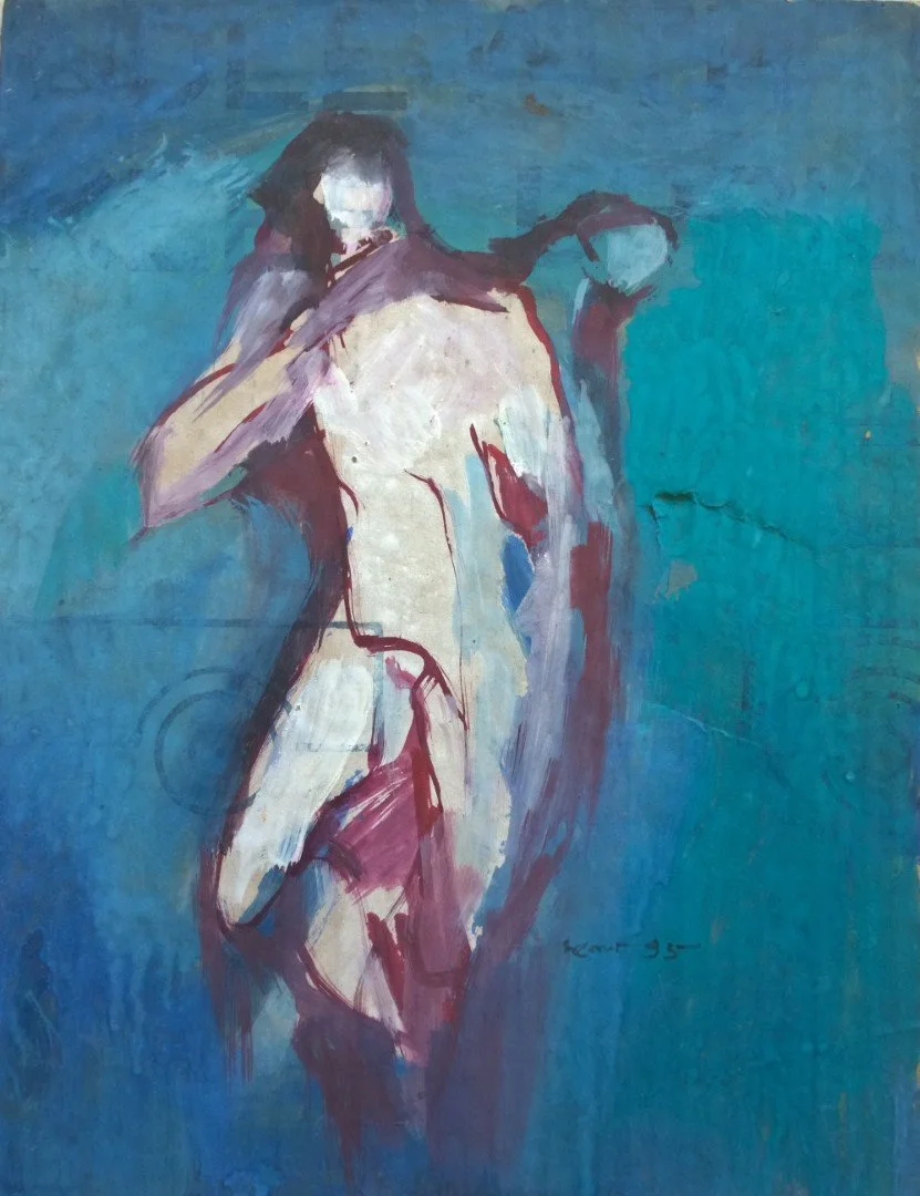Abstract painting of a nude woman with dark hair, on a blue and teal background.