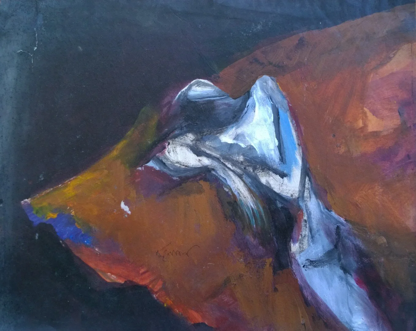 An abstract painting of a curled-up cat resting on a colorful background with shades of orange, purple, and dark blue.