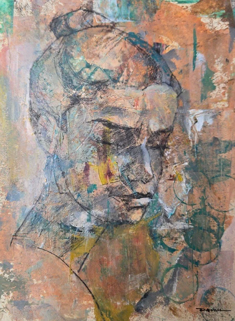 Abstract portrait of a woman with closed eyes, using muted earth tones, textured background, and expressive line work.