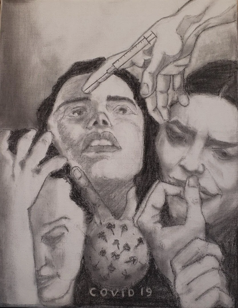 A detailed black and white drawing depicting two women with distressed expressions, surrounded by disembodied parts of faces, a syringe pointing at one woman's forehead, a coronavirus illustration, and the word "COVID-19" at the bottom.