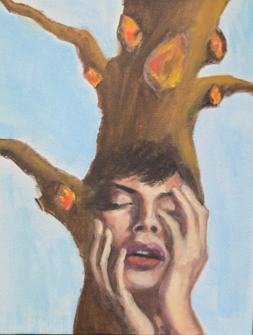 A painting of a woman with closed eyes, holding her face with her hands, with a tree growing from her head.