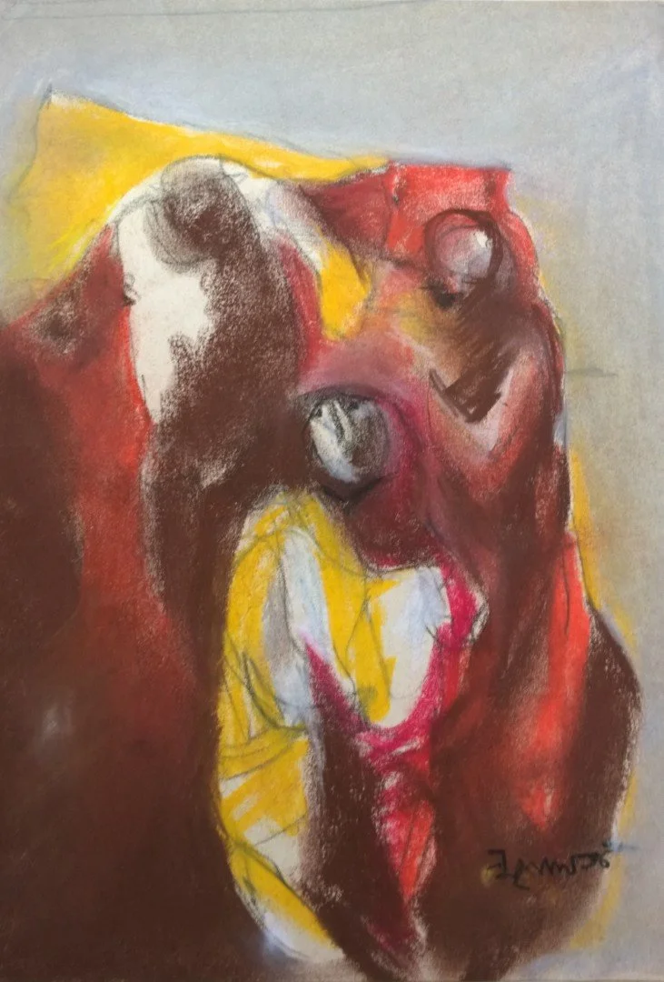 Abstract animal painting with red, yellow, and white colors, featuring a stylized face of what appears to be a dog or similar creature.