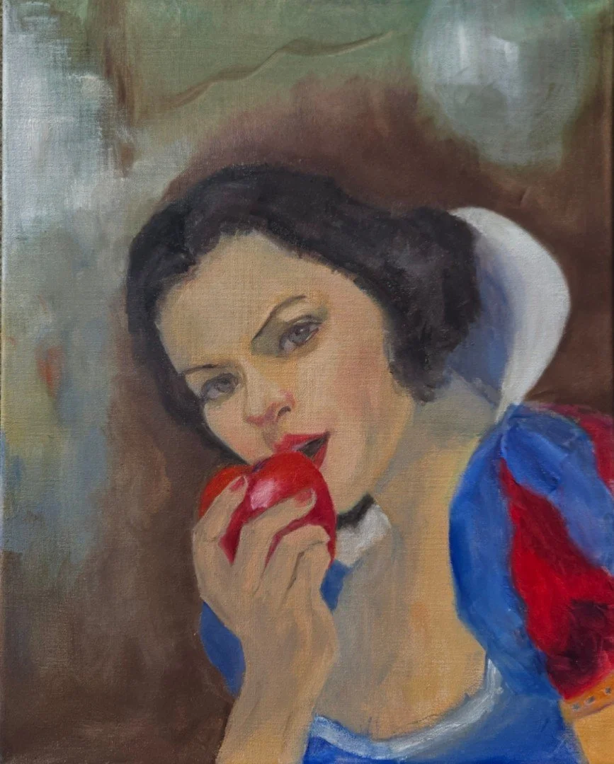 Painting of a woman with dark hair, holding a red apple near her mouth, wearing a dress with red and blue sleeves.
