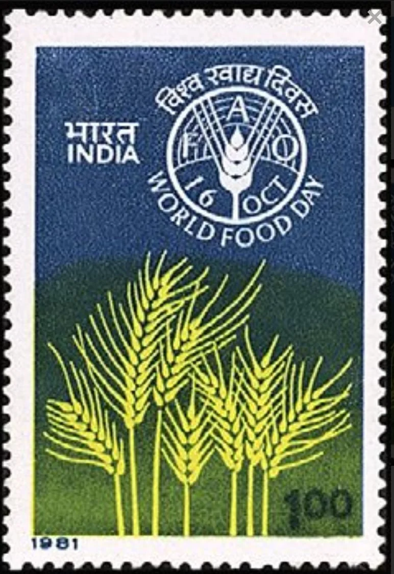 Indian postage stamp commemorating World Food Day with wheat stalks illustration and the date 1981.