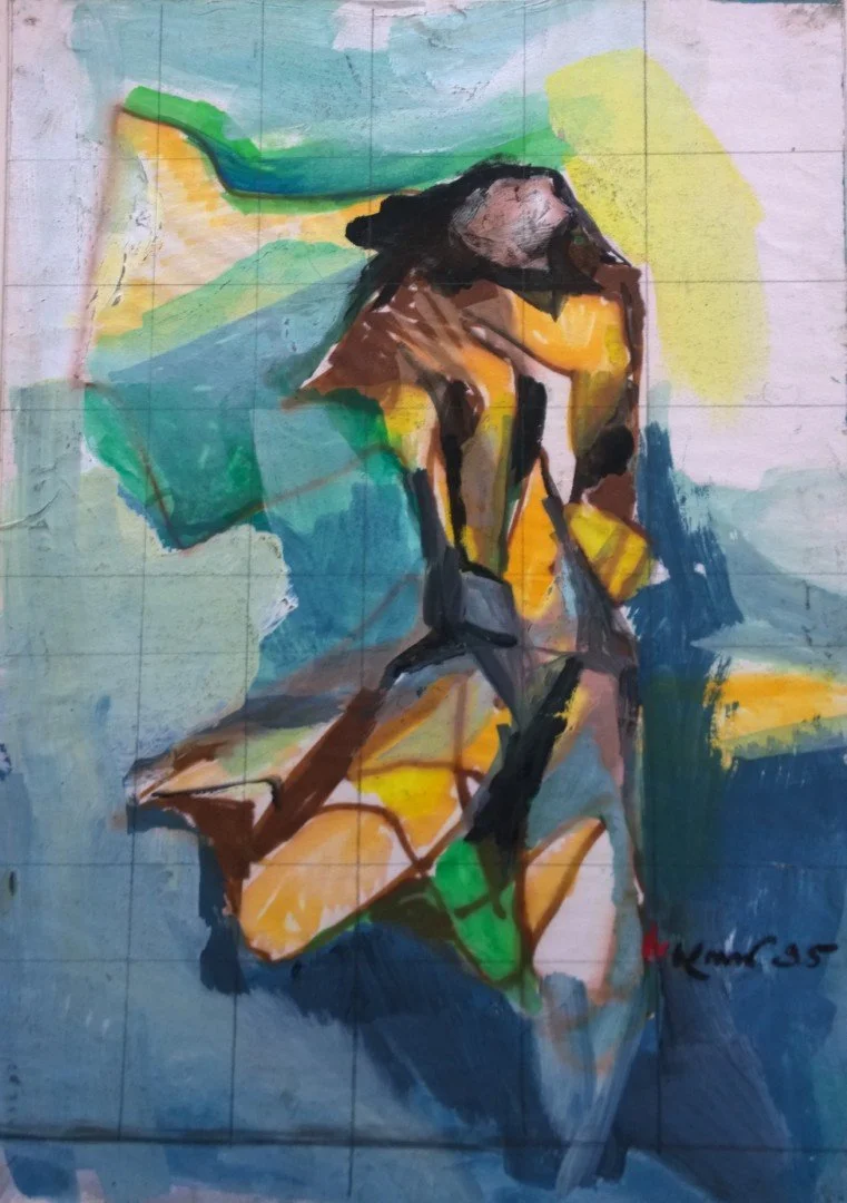 Abstract painting of a woman with long dark hair, sitting with her knees up, using bold colors like yellow, green, blue, and black.