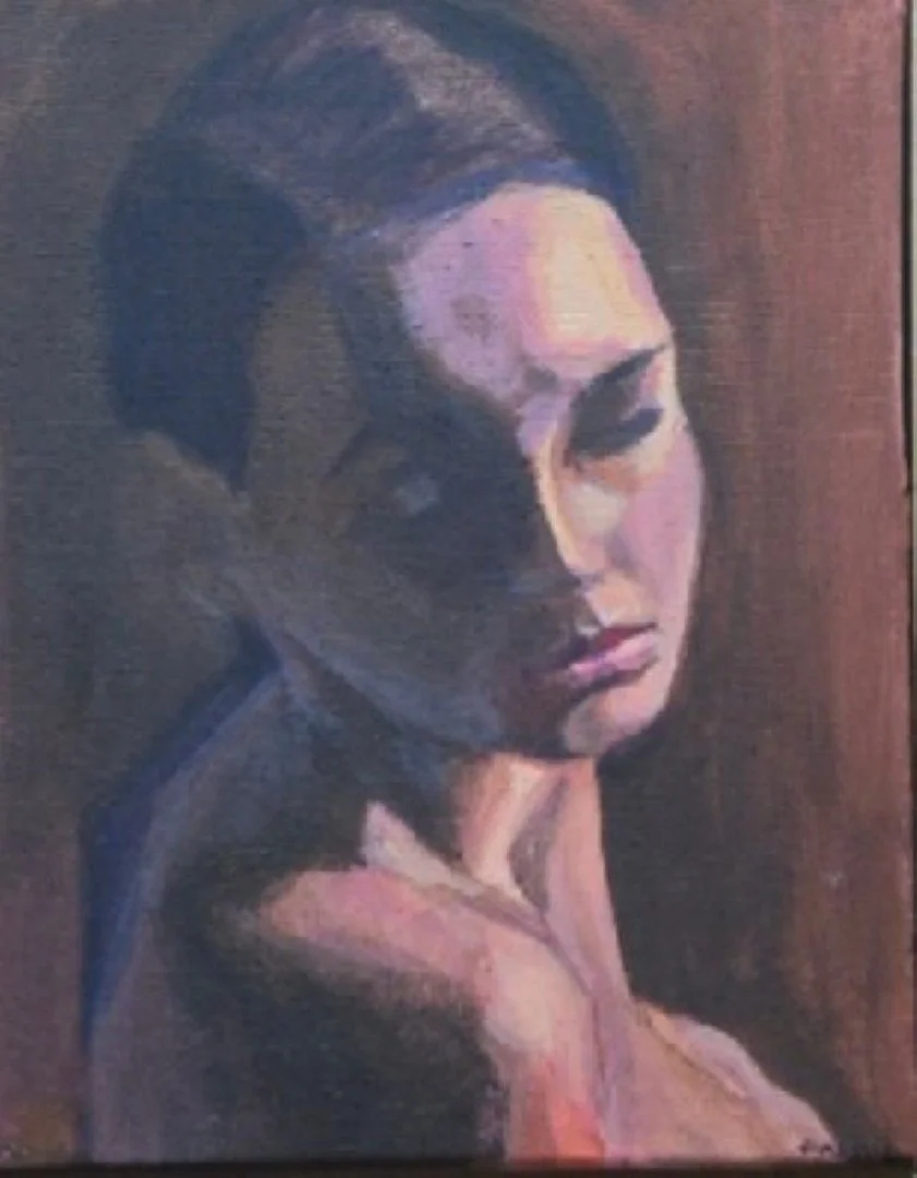 A painting of a woman with dark hair and closed eyes, rendered in a soft, impressionistic style with muted colors.