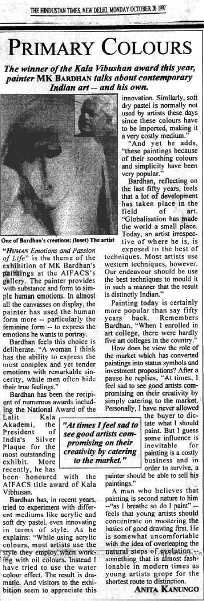 Black and white newspaper clipping from The Hindustan Times, dated October 30, 1997, discussing primary colors in art, featuring a small portrait photograph of an artist, MK Bardhan.
