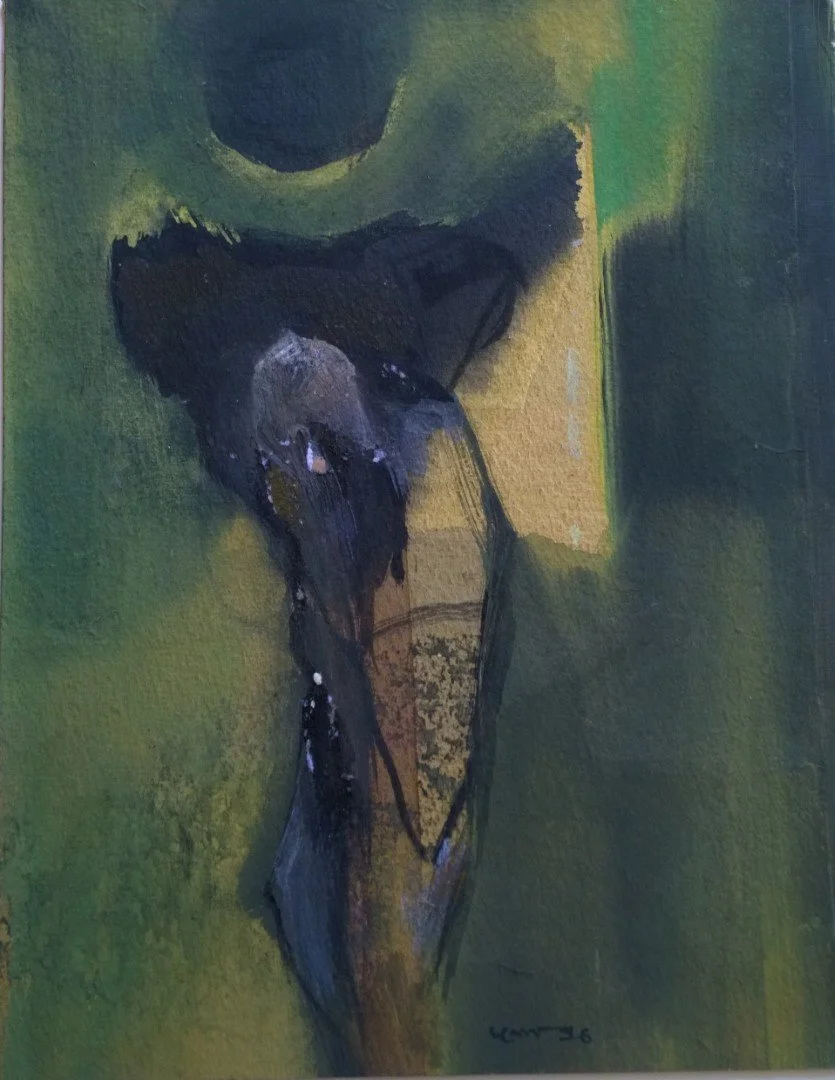 Abstract painting of a person's face in green, black, and brown tones, with visible brushstrokes and a textured surface.
