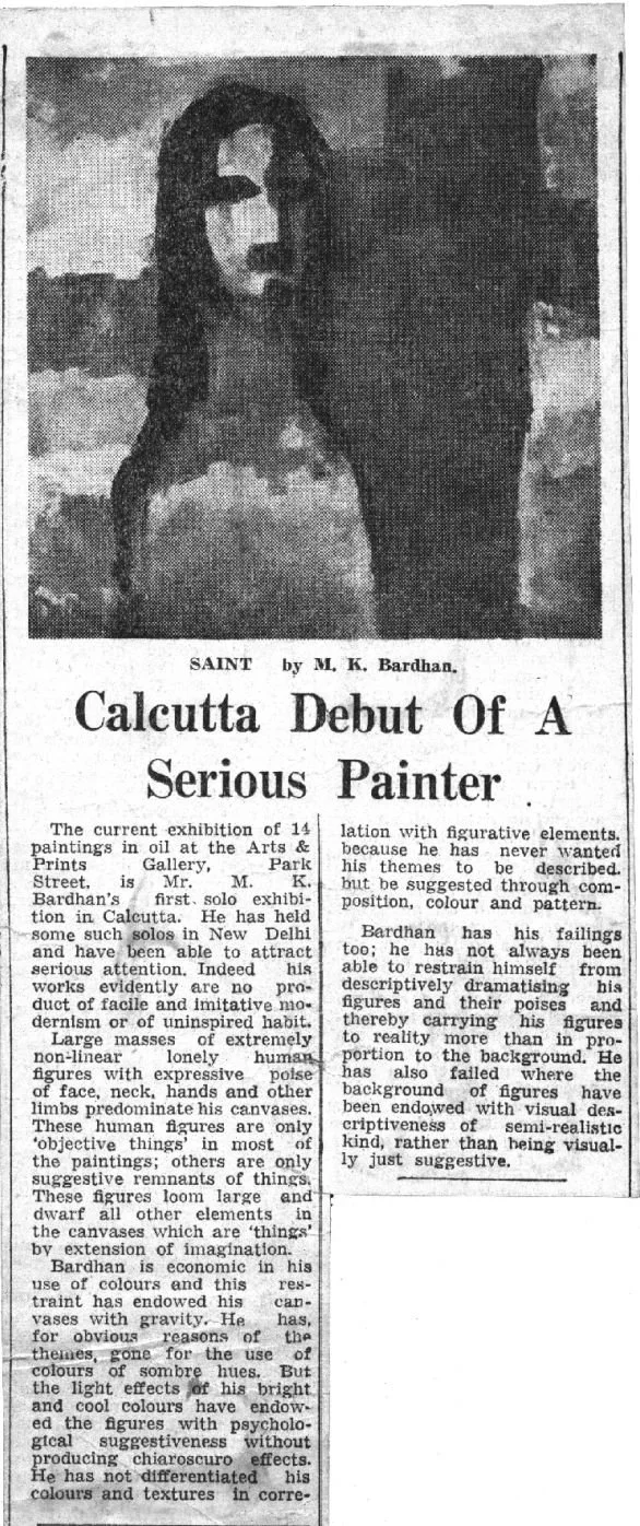 Black and white newspaper clipping featuring a portrait of a woman with long hair, alongside an article about artist M.K. Bardhan and his paintings.