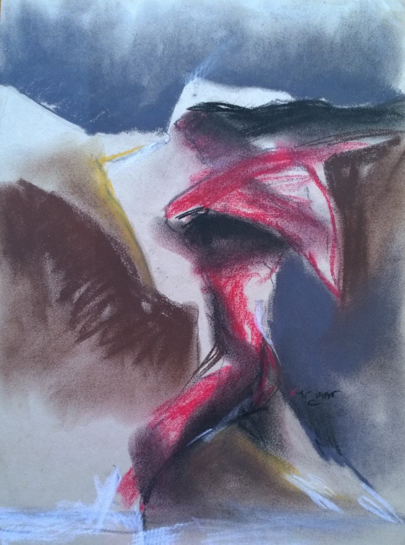 An abstract painting with expressive brushstrokes featuring various colors, including red, black, brown, yellow, and shades of gray.