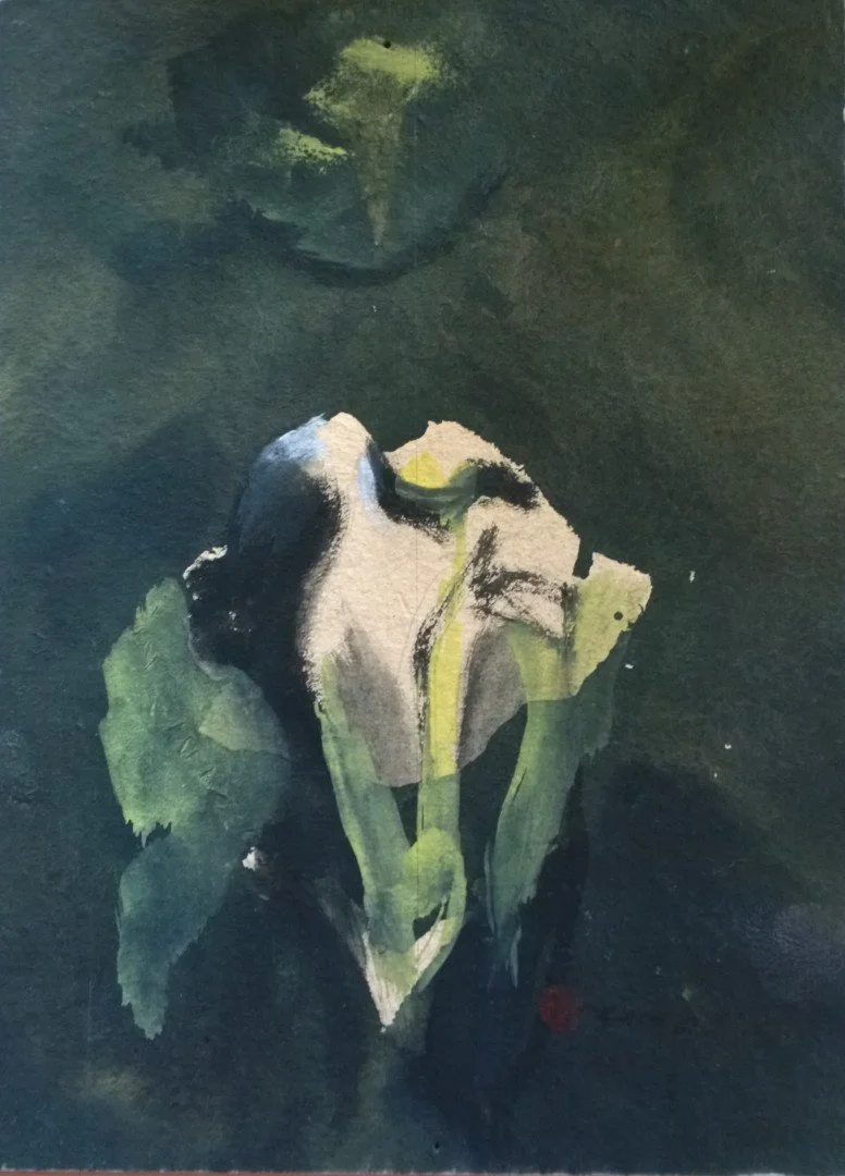 A dark-colored abstract painting depicting a face with glasses in the upper part, and a person's face with eyes closed and hands covering the face in the lower part, blending into dark green and black background.