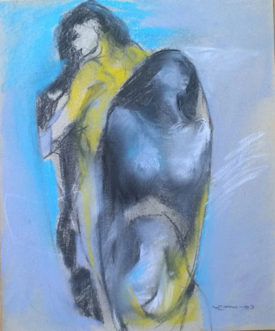 A colorful abstract sketch of two nude women embracing, one with long dark hair and the other with long dark hair and glasses. The background is mostly light blue with yellow accents.