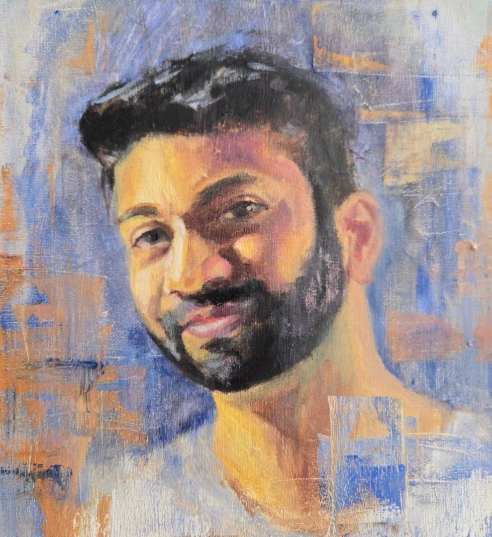 A painted portrait of a man with dark, styled hair and a beard, set against a textured blue, orange, and purple background.