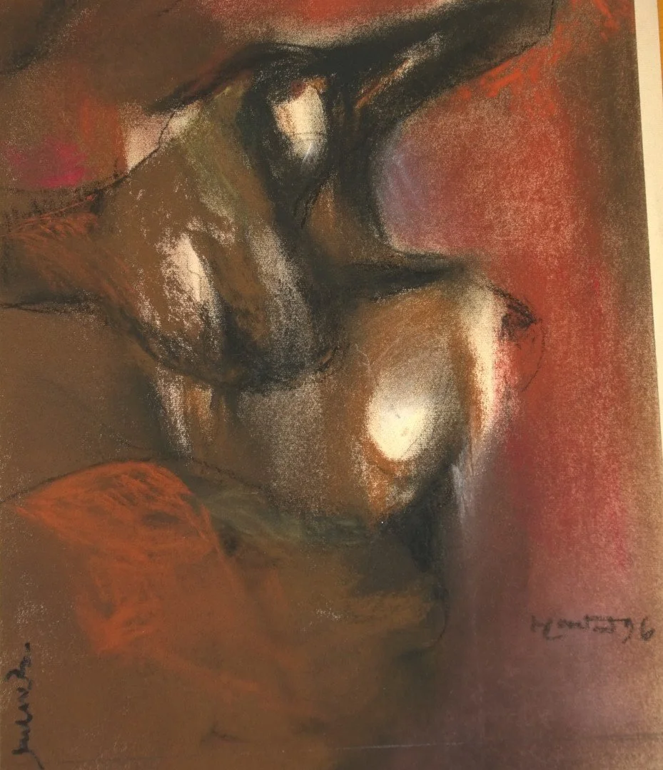 A close-up of a woman's face with her eyes closed, rendered in dark, earthy tones with highlights of white and reddish-orange, creating a contemplative mood.