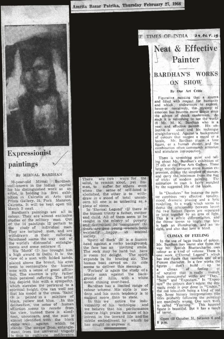 Black and white newspaper clipping from Amrita Bazar Patrika, dated Thursday February 27, 1964, featuring an article about painter Mrinal Bardhan. Includes a blurry photograph of Bardhan, the title 'Expressionist paintings,' and sections of text discussing his work and artistic philosophy.