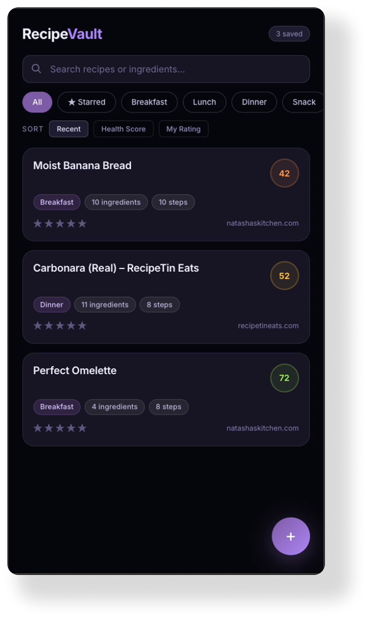 Screenshot of a recipe app called RecipeVault showing a list of recipes including Moist Banana Bread, Carbonara, and Perfect Omelette with ratings and additional details.