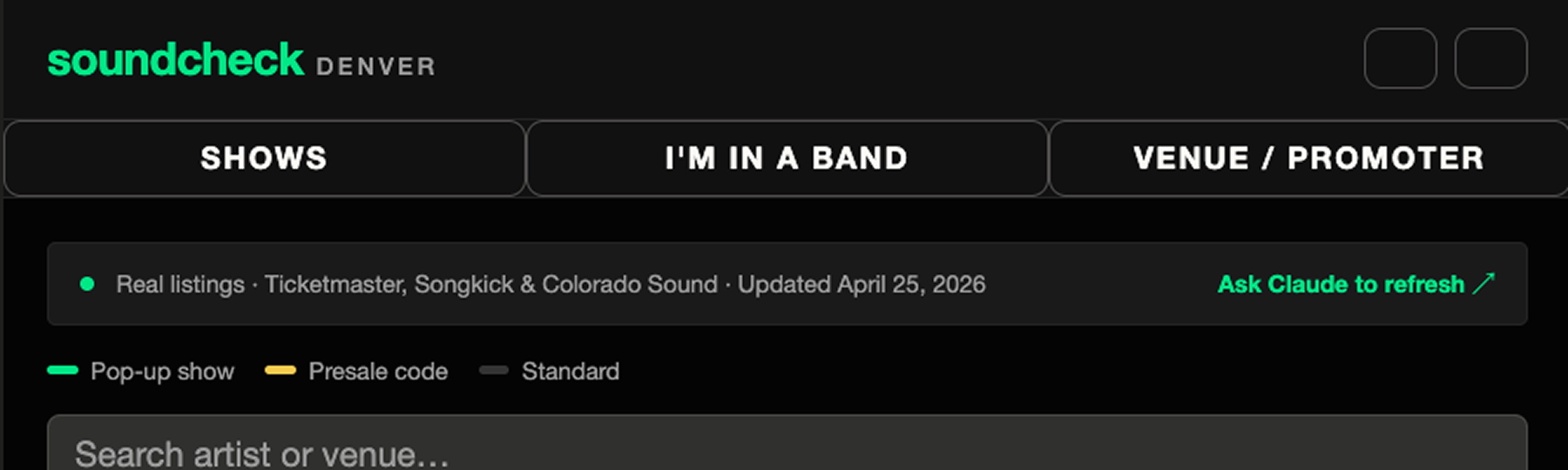 Screenshot of a website called Soundcheck Denver showing tabs for shows, bands, and venues/promoters, with information about real listings updated in April 2026, and options for show types and codes.