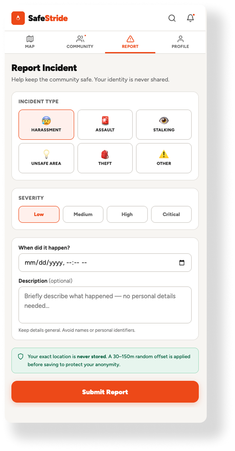 Screenshot of a mobile app interface for SafeStride, showing the 'Report Incident' page with options to select incident type (harassment, assault, stalking, unsafe area, theft, other), severity level (low, medium, high, critical), date and time of the incident, and an optional description, with a 'Submit Report' button at the bottom.