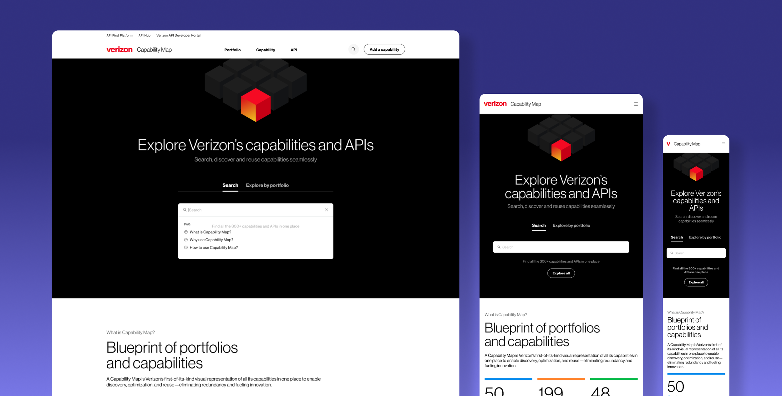 Screenshot of Verizon's capability map webpage displayed on various devices, showing a black background with a 3D black cube with a red and yellow center, and white text inviting to explore Verizon's capabilities and APIs.