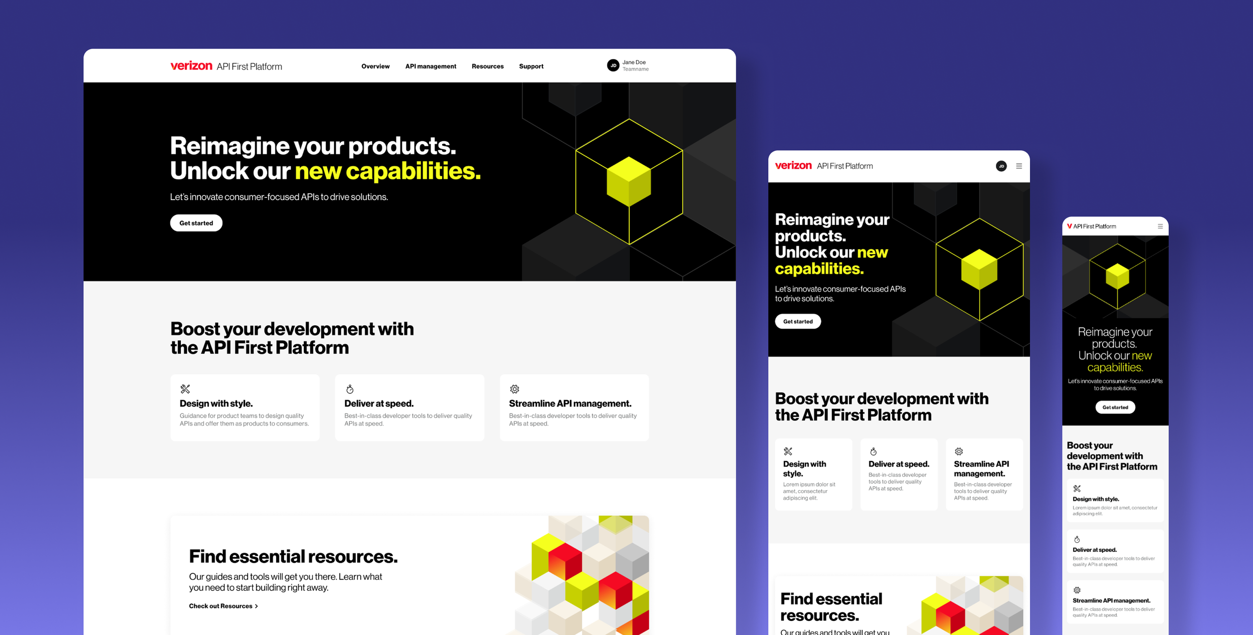 Responsive website design for Verizon API First Platform displayed on multiple devices, including desktop, tablet, and mobile, with a dark theme and geometric graphics.