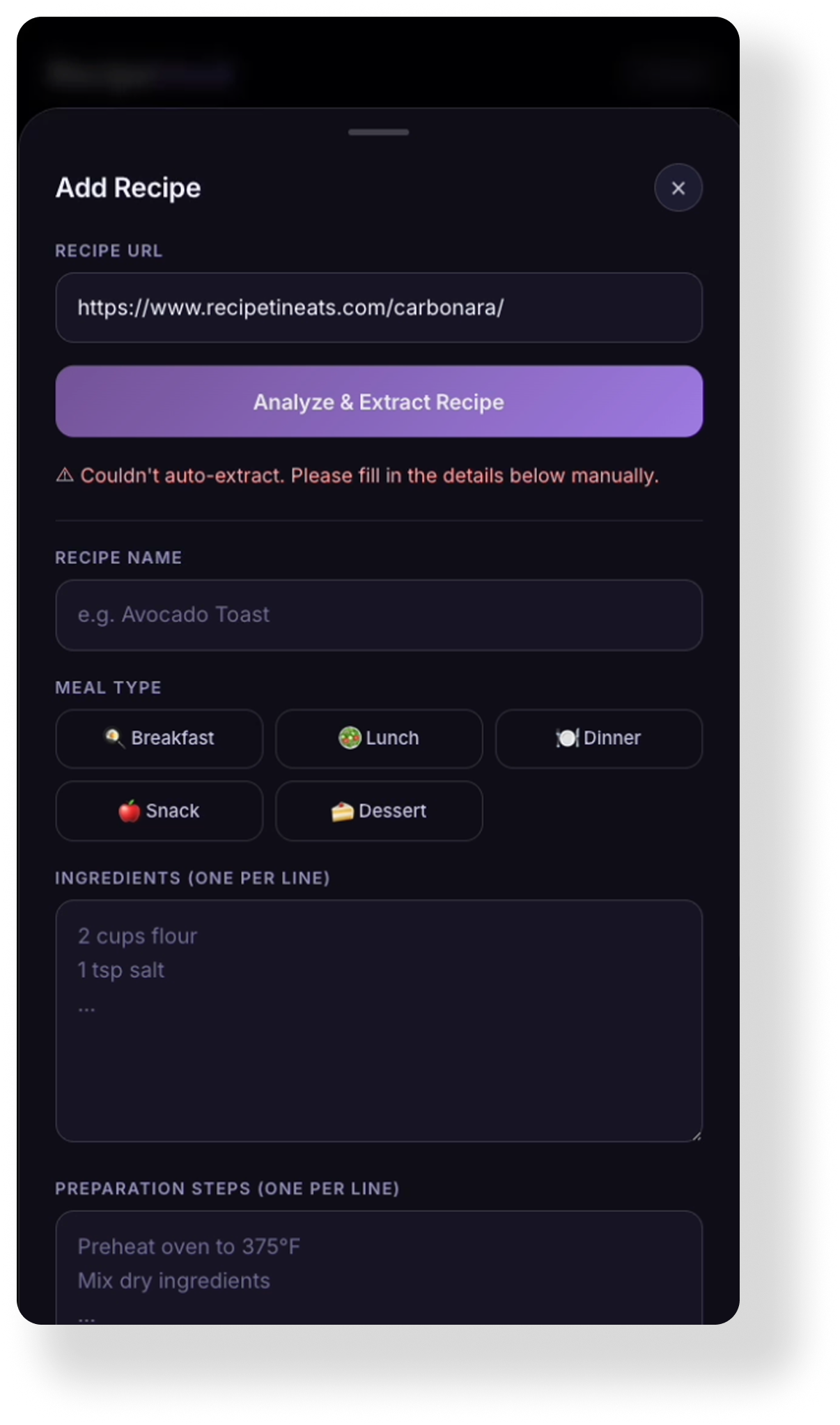Screenshot of a recipe app or website with fields to add and analyze a recipe from a URL. The interface includes options for meal type selection and ingredient list, with a dark background and purple highlight button.