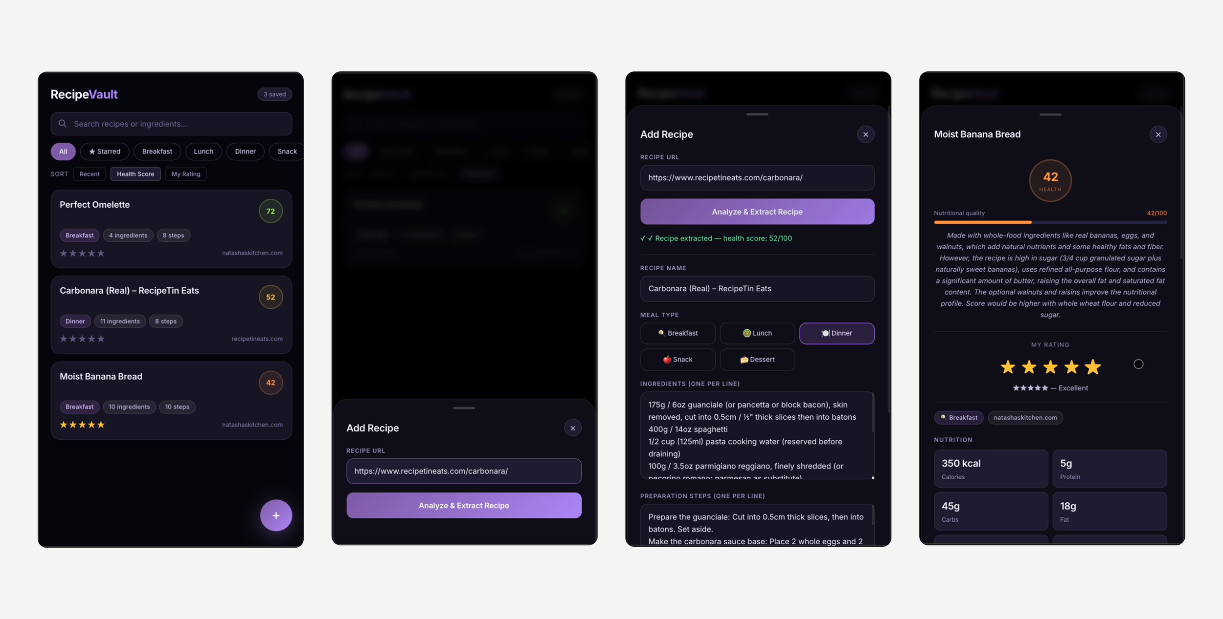 Screenshots of a recipe app showing various recipes, adding a new recipe, and detailed nutrition and preparation steps for moist banana bread.