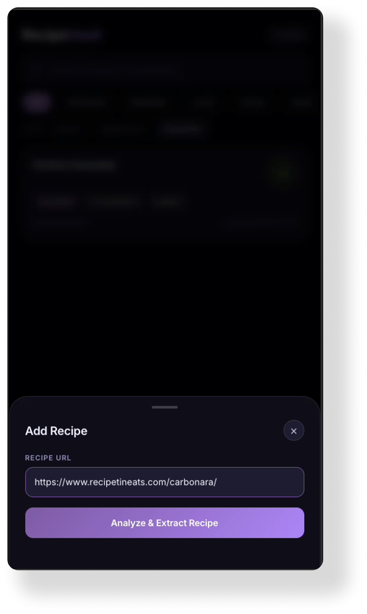 Mobile screen showing an app interface to add and analyze a recipe URL. The screen displays a section labeled 'Add Recipe' with a URL input field containing 'https://www.recipetineats.com/carbonara/', and a purple button labeled 'Analyze & Extract Recipe.'