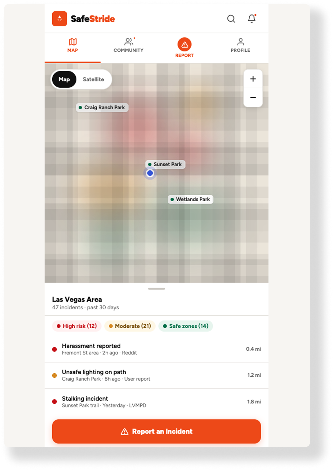 Mobile app interface for SafeStride showing a map with incident reports in the Las Vegas area, color-coded risk levels, and options to report incidents or view map layers.
