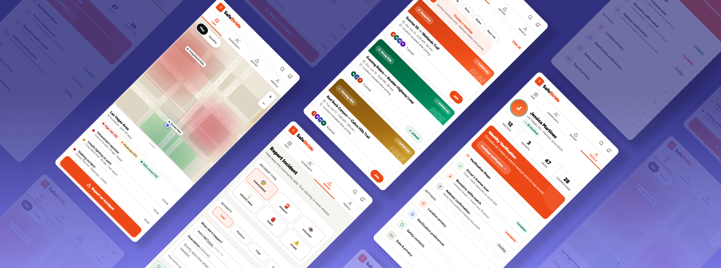 Mobile app interface screens of a safety and incident reporting app called SafeStride, showing maps, incident reports, user profiles, and safety checklists.