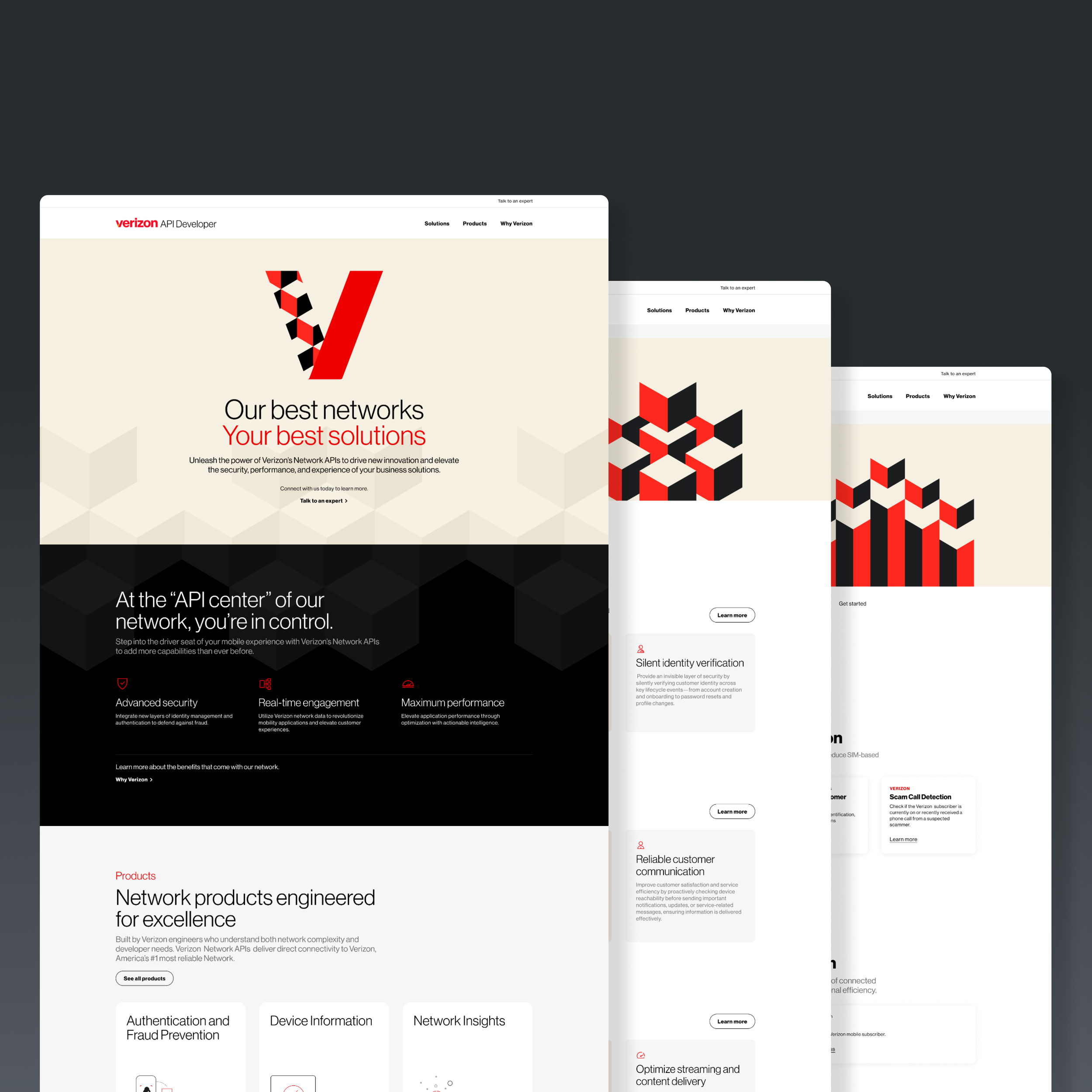 Multiple overlapping web pages from Verizon's network solutions site, featuring headings about network products, security, customer communication, and content delivery, with geometric logos and call-to-action buttons.