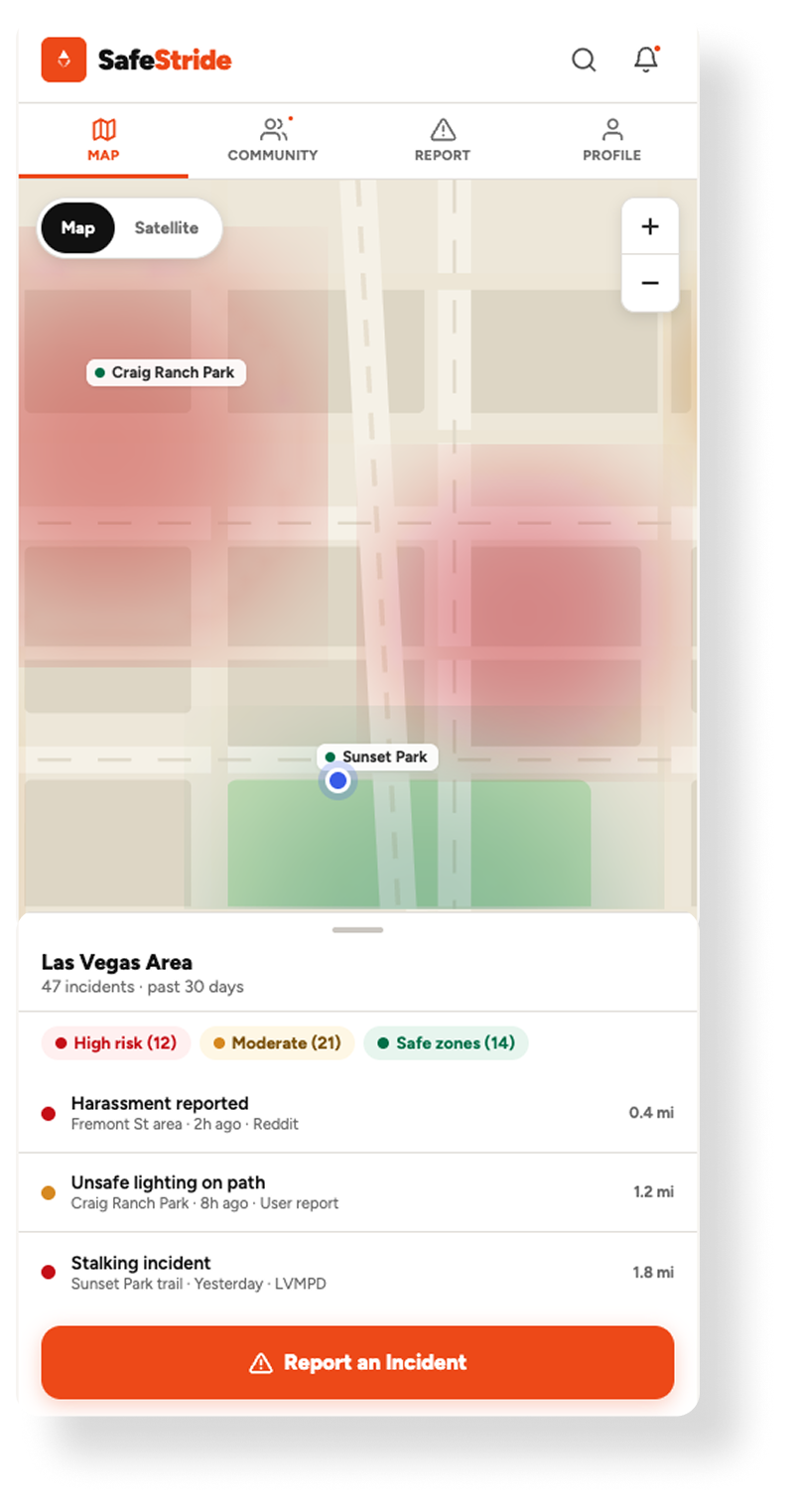 Map screen from the SafeStride app showing incidents in the Las Vegas area, including harassment, unsafe lighting, and stalking, with a five-color risk level legend, and locations at Sunset Park and Craig Ranch Park.