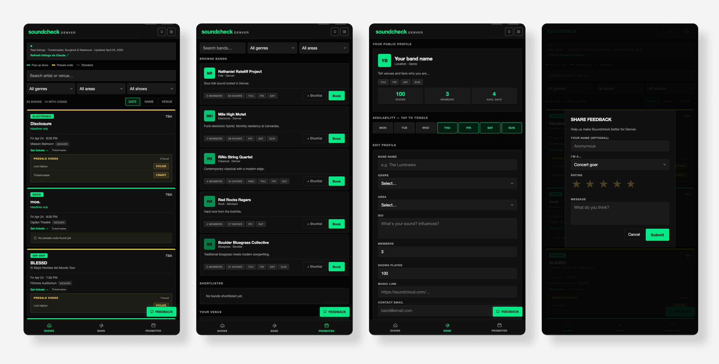Screenshots of the Soundcheck Denver app interface, displaying event listings, band search options, user profile setup, and feedback forms.