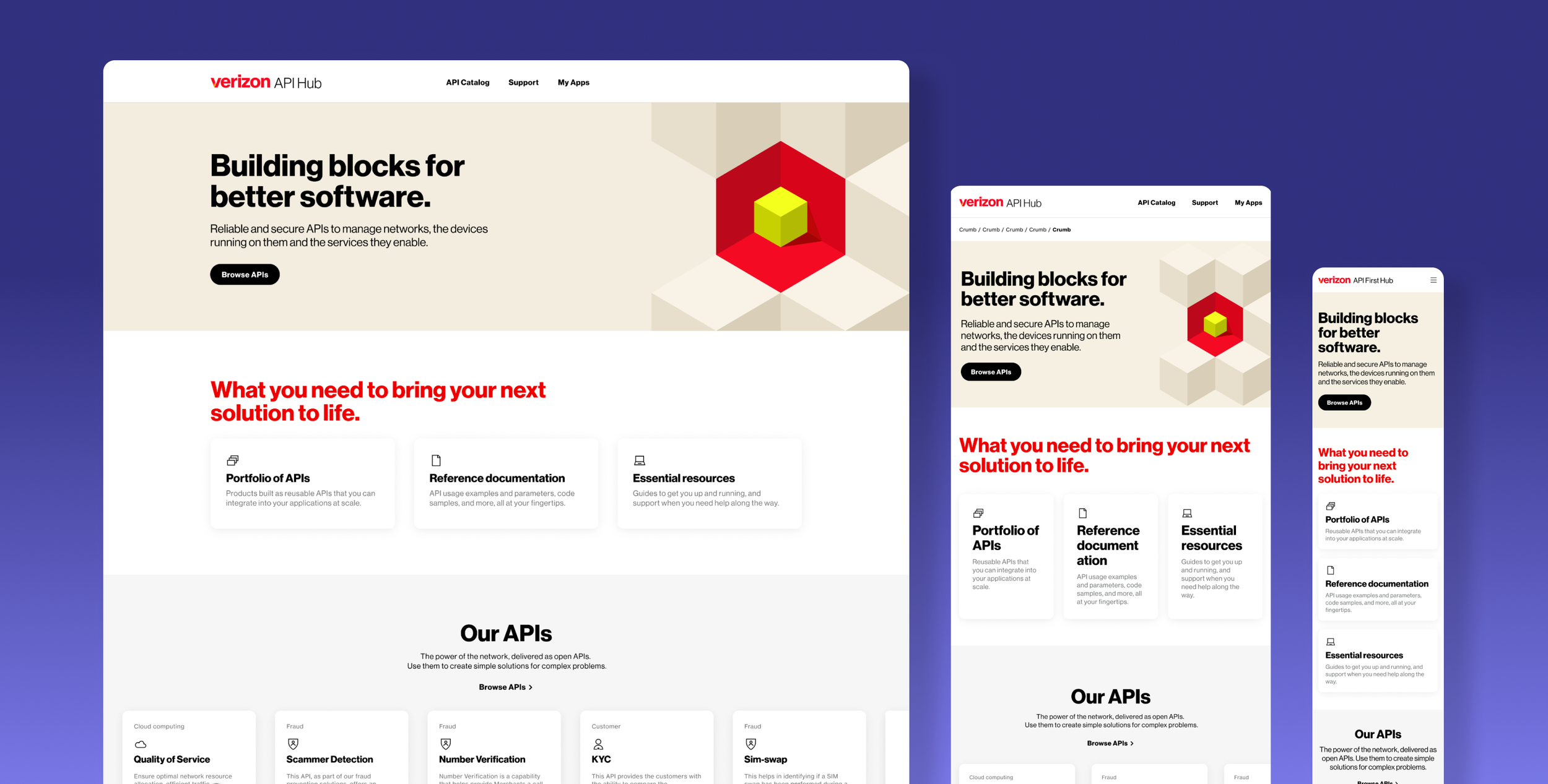 Responsive website display of Verizon API Hub with a header, logo, navigation links, hero section with headline, subtext, and a black 'Browse APIs' button. The site showcases API solutions with sections for different API categories, all optimized for desktop, tablet, and mobile views.