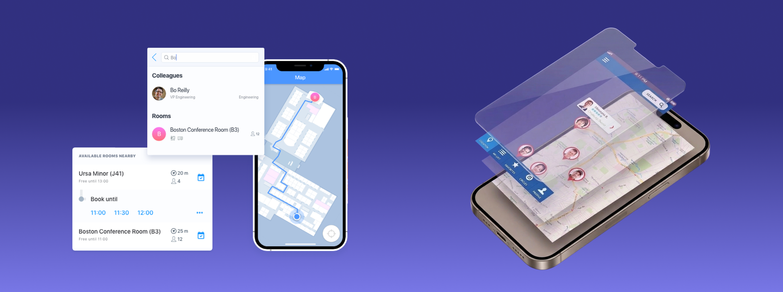 Digital illustrations of a smartphone with a map and user profiles, with floating app screens showing room booking, contacts, and maps on a blue background.