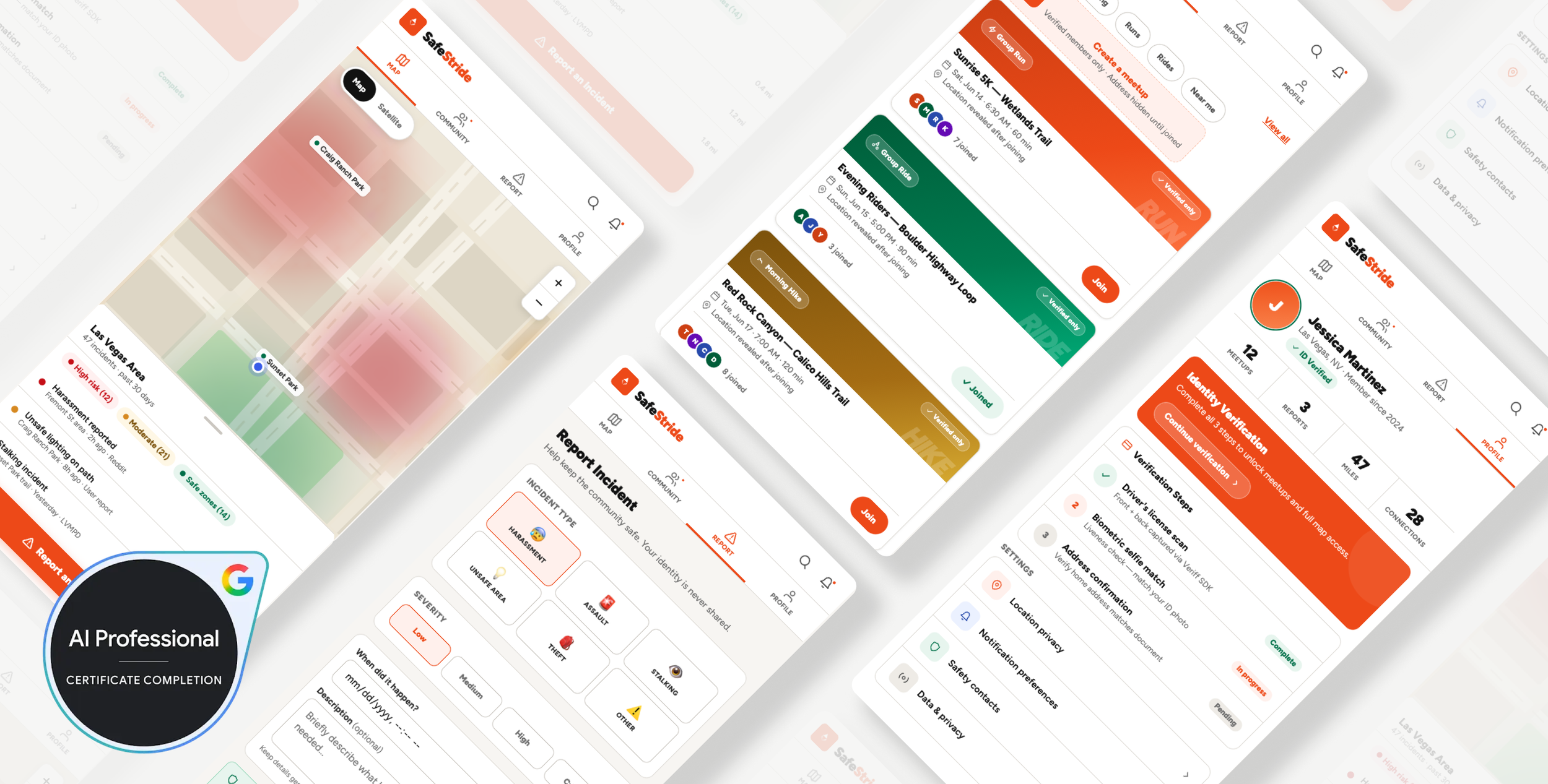 Multiple screens showing a safety and incident report app interface, including maps, safety zones, and incident details.