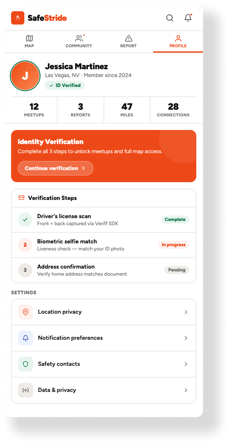Screenshot of a mobile app profile page for Jessica Martinez showing ID verification progress with steps: driver's license scan complete, biometric selfie match in progress, address confirmation pending. Includes navigation menu, profile icon, and account details.