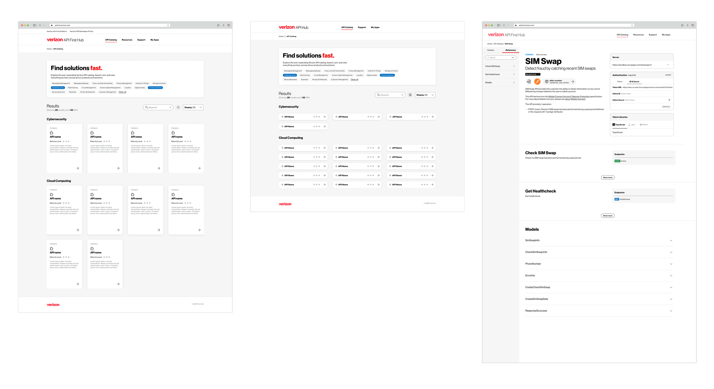 Screenshots of the Verizon API First Hub web pages displaying API catalogs and solutions, including search filters and API details.